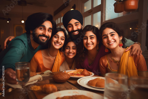 indian sikh religious family enjoying dinner on traditional festival at home photo