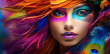 Woman adorned in vibrant makeup and feathers, a theatrical burst of color.