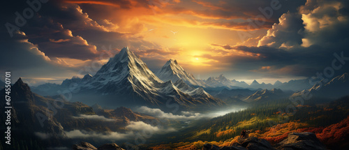ultra realistic photography of a Mountain landscape at sunset made with AI
