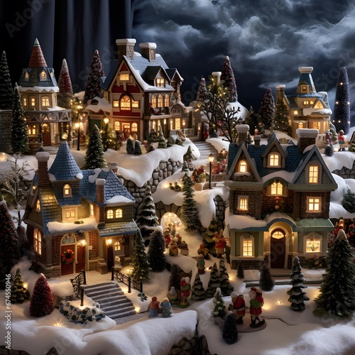 Miniature Christmas village with snow, houses and christmas tree.