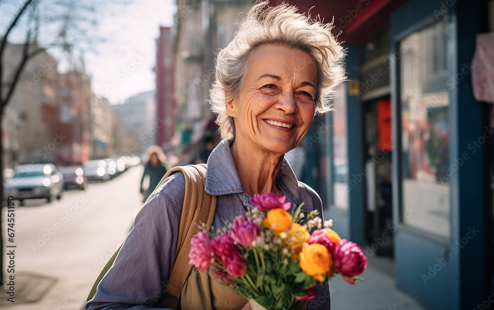 Fototapeta premium A pretty adorable lady pensioner walks around the city on a bright spring day. Smiling senior woman walking outdoors in the spring city.