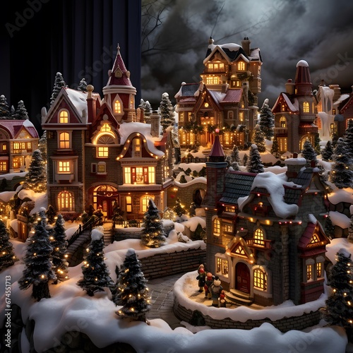 Miniature Christmas town with christmas trees, houses and snowflakes