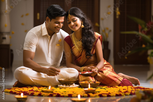 South Indian couple worshiping at a traditional festival onam photo