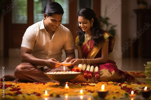 young indian couple celebrating diwali festival at home