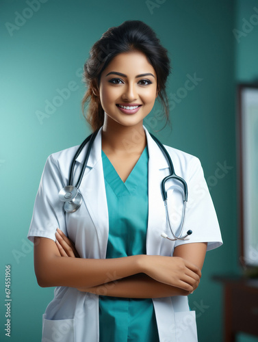 Confident indian female doctor in uniform with stethoscope