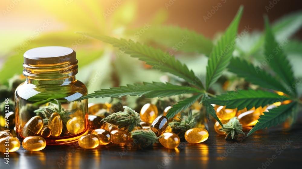 CBD cannabis pills and green hemp leaves on a dark background. Copy space. Medical marijuana concept. Generative AI CBD cannabis pills and green hemp leaves on a dark background. Copy space. Medical marijuana concept. Generative AI