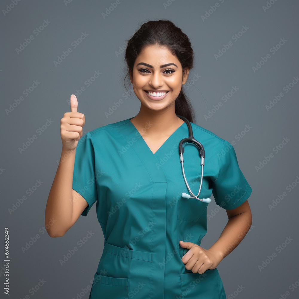 young indian woman doctor showing thumbs up young indian woman doctor showing thumbs up