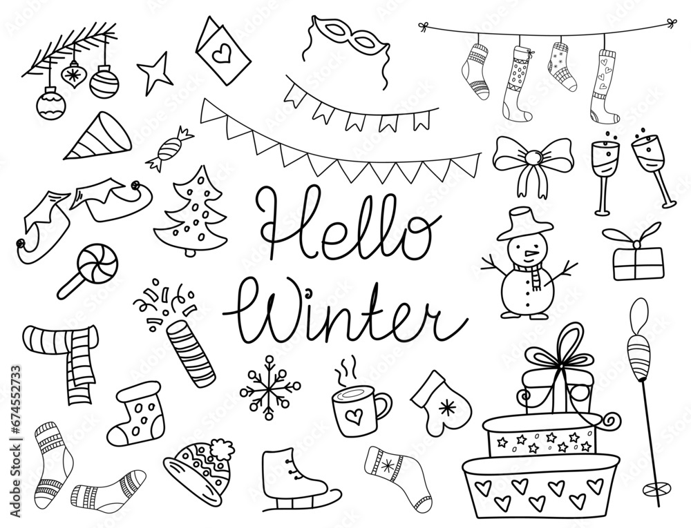 Winter doodle elements vector collections. Different hand drawn elements. Handwritten phrases hello winter. Christmas tree, skates, Christmas boot, sweets, gift boxes, snowflakes, socks.  