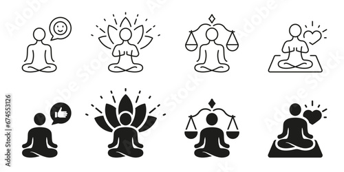 Wellness, Healthy Lifestyle Silhouette and Line Icons Set. Yoga And Relax, People In Lotus Pose Pictogram. Meditation And Harmony Black Symbol Collection. Isolated Vector Illustration