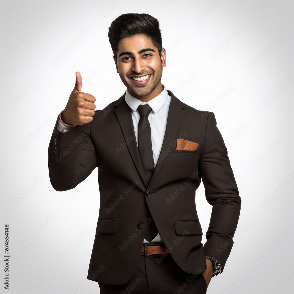 Young indian businessman showing thumps up on white background. Young indian businessman showing thumps up on white background.