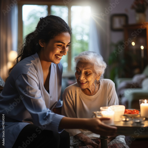 young indian Care worker helping elderly woman photo