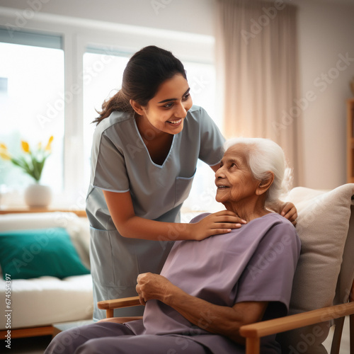 young indian nurse supporting elderly patient photo