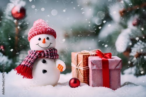 christmas tree decorations, santa claus with gifts, snowman in the snow, christmas gift boxes  © fadi