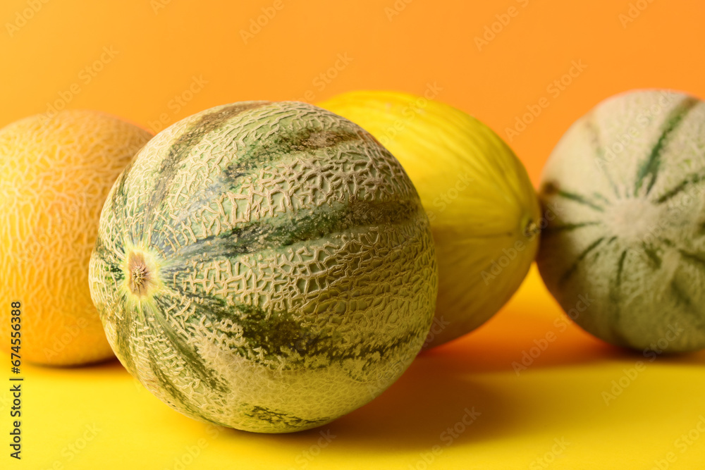 Different sweet melons on colorful background Different sweet melons on colorful background