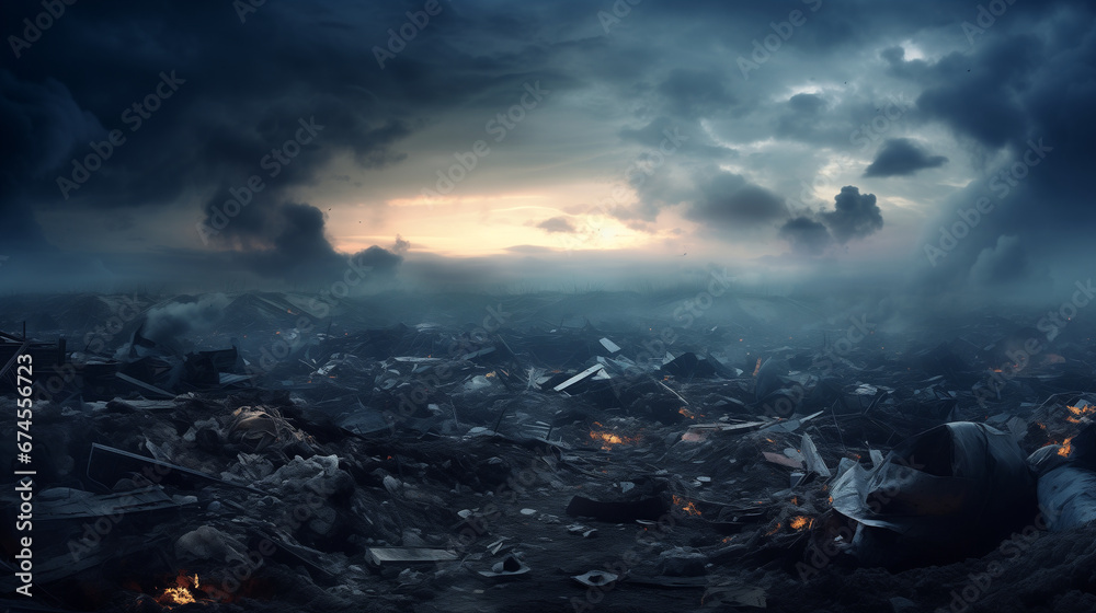 A huge garbage dump near a large city against the backdrop of a dramatic sky