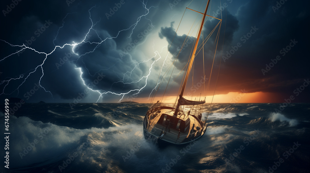 A yacht was struck by lightning during a severe thunderstorm in a stormy sea - obrazy, fototapety, plakaty 