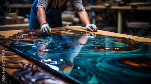 A craftsman is in the process of making a wooden table from colored epoxy resin. photo