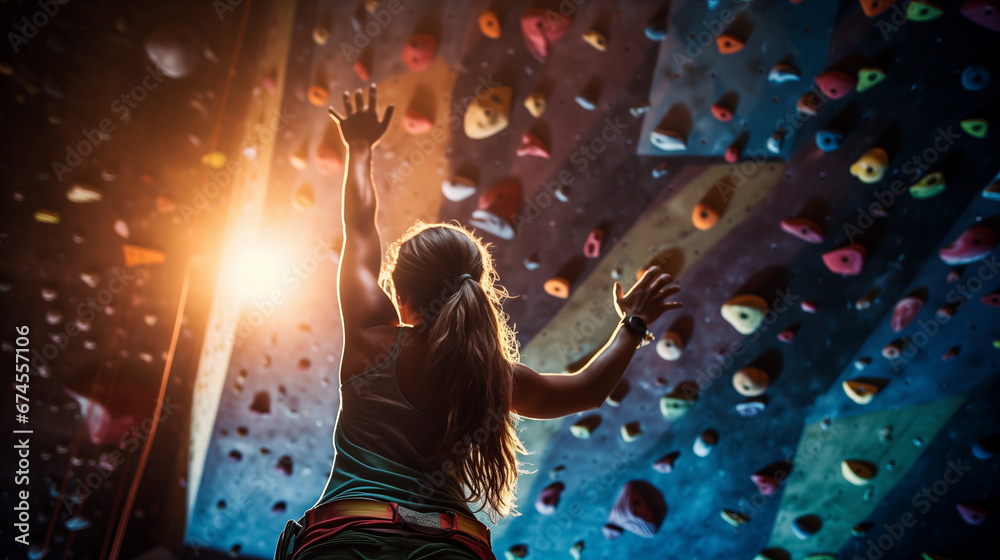 sporty woman in boulder climbing hall - obrazy, fototapety, plakaty 