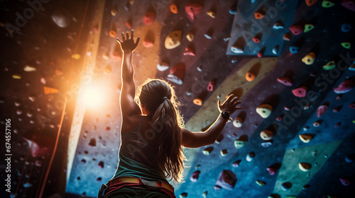 sporty woman in boulder climbing hall photo