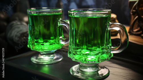 Green absinthe in glasses with handles