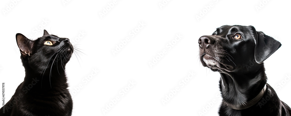 Charming black cat and dog duo against a white background