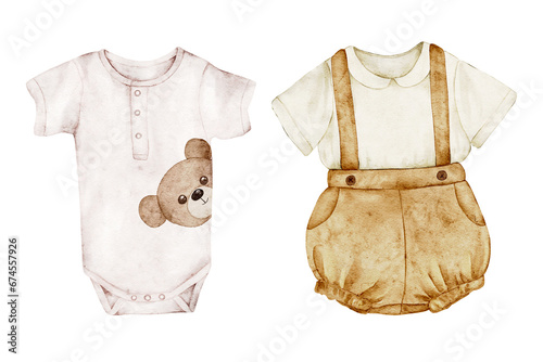 Set of hand-drawn watercolor illustrations with cute children's clothes in retro style. For posters, postcards, baby shower, packaging, invitations. Newborn set of bodysuits, boho shorts and T-shirts