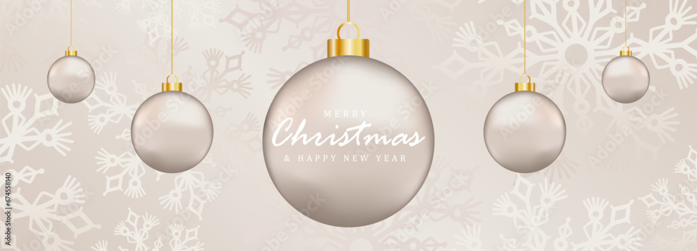 Delicate New Year and Christmas background with realistic Christmas balls and white Christmas tree branches and snowflakes. New Year card, wallpaper, banner, poster. 2024