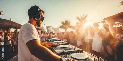 DJ Energizing the White Party Festival Outdoors. Generative ai photo