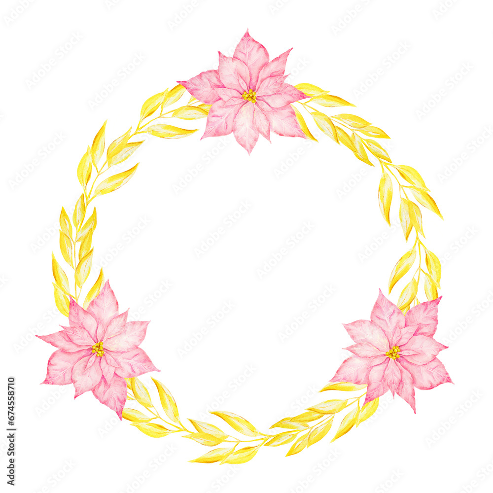 Obraz premium Pink poinsettia and gold branches. Watercolor hand drawn wreath with Christmas star. Winter symbol, new year ornament for holiday season prints, greeting cards, banners, invitations, packing