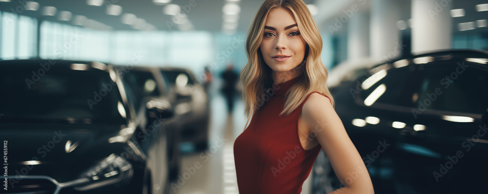 Beautiful young woman is buying new luxury car. generative ai