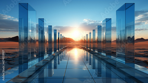 Fototapeta Naklejka Na Ścianę i Meble -  3d render of glass building in desert with reflection on water surface