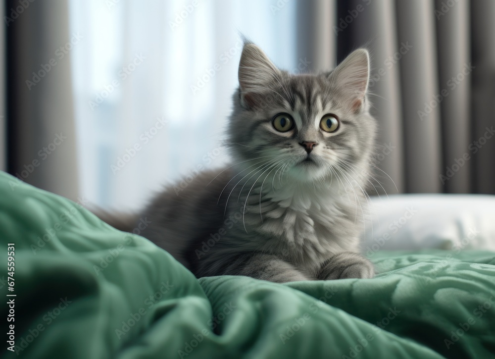 a cute kitten lying on a green blanket. a cute kitten lying on a green blanket.