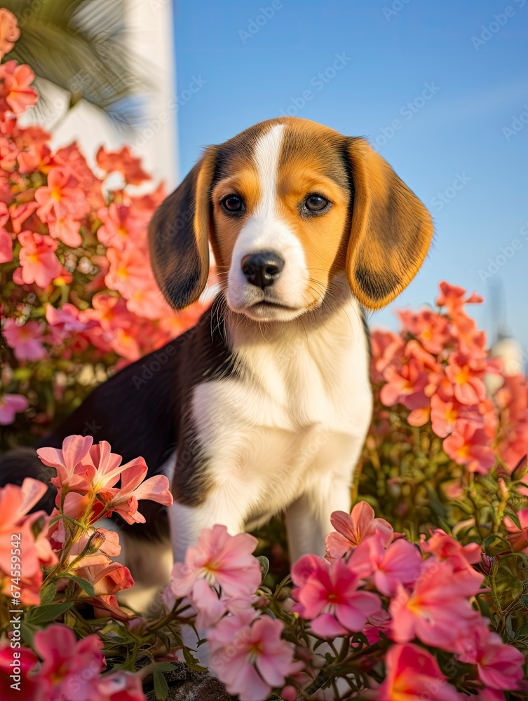 niedlicher Beagle Welpe im Garten inmitten pinker Blumen