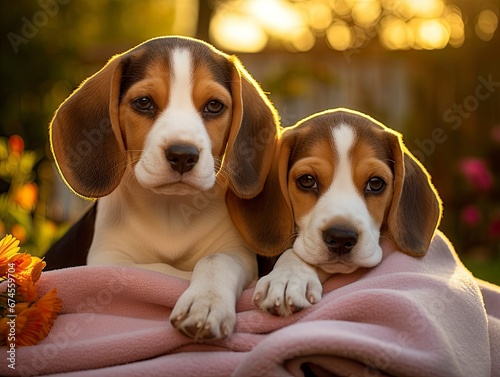 zwei niedliche Beagle Hunde Welpen Outdoor auf einer pinken Decke
