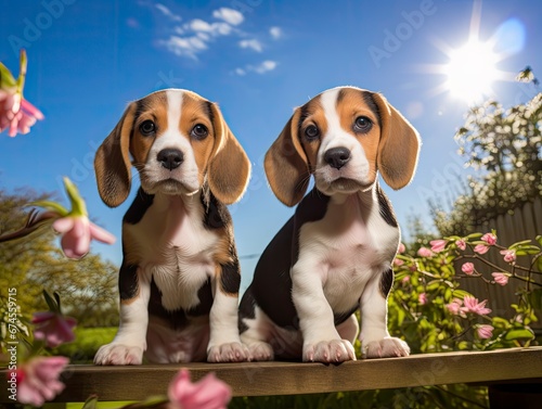 zwei niedliche Beagle Hunde Welpen Outdoor im Garten
