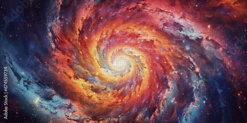 Spiral galaxy illustration in pixel art style. Deep space concept. Retro sci-fi video game design. 80's technology. Vector illustration