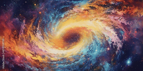 Spiral galaxy illustration in pixel art style. Deep space concept. Retro sci-fi video game design. 80's technology. Vector illustration