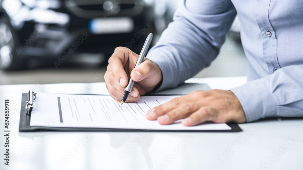 Sale agent deal to agreement successful car loan contract with customer and sign agreement contract insurance car concept.
 - obrazy, fototapety, plakaty 