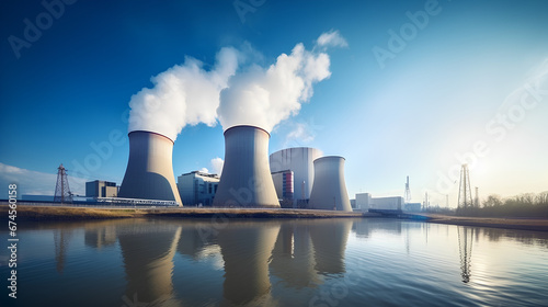 Nuclear Plant with Cooling Towers Releasing Steam photo