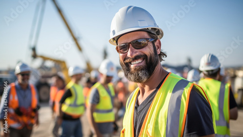 Happy of team construction worker working at construction site. Teamwork and unity concept. Man smiling with workers in white construction industry. 