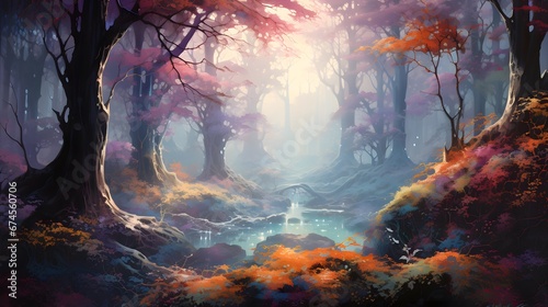 Fantasy landscape with a river in a foggy forest. Digital painting.