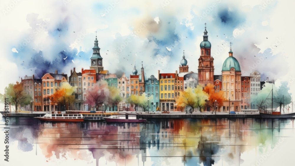 An Amsterdam illustration in colorful watercolor paints, isolated on a white background