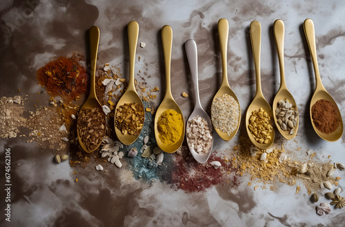 A Colorful Array of Spices Elegantly Displayed on Golden Spoons, ai generative