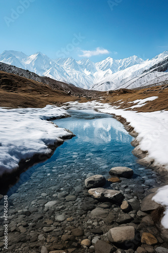 Winter s Serenity: Snow-Capped Mountains Reflecting in a Clear Stream, ai generative