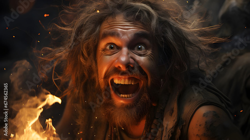 Excited caveman caricature discovering fire photo