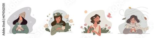 Set of cute cartoon girls in a different seasons. Nice women in winter, autumn, spring and summer. Vector illustrations.