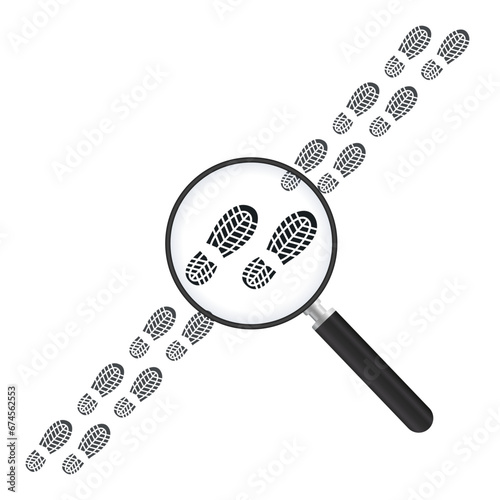 Traces through a magnifying glass. Concept of a responsive search access to find information about evidence. Vector illustration