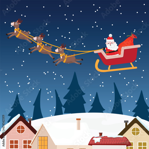 Cartoon illustration of Santa Claus sitting and flying in the sled at night. Magical Christmas night illustration.