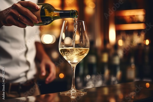 Bartender pours white wine from a bottle into glass