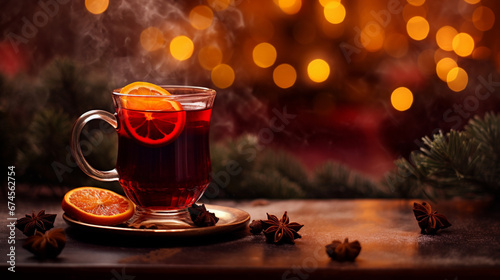 Mulled wine in a transparent glass on the background of a Christmas tree. New Year background.